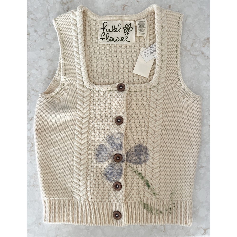 Anthropologie Field Flower Ivory Knit Button-Up Square-Neck Vest Medium NWT